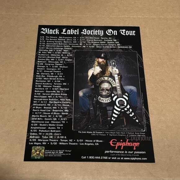 Zakk Wylde of Black Label Society - Epiphone Guitars - 2009 Print Advertisement - Picture 1 of 1